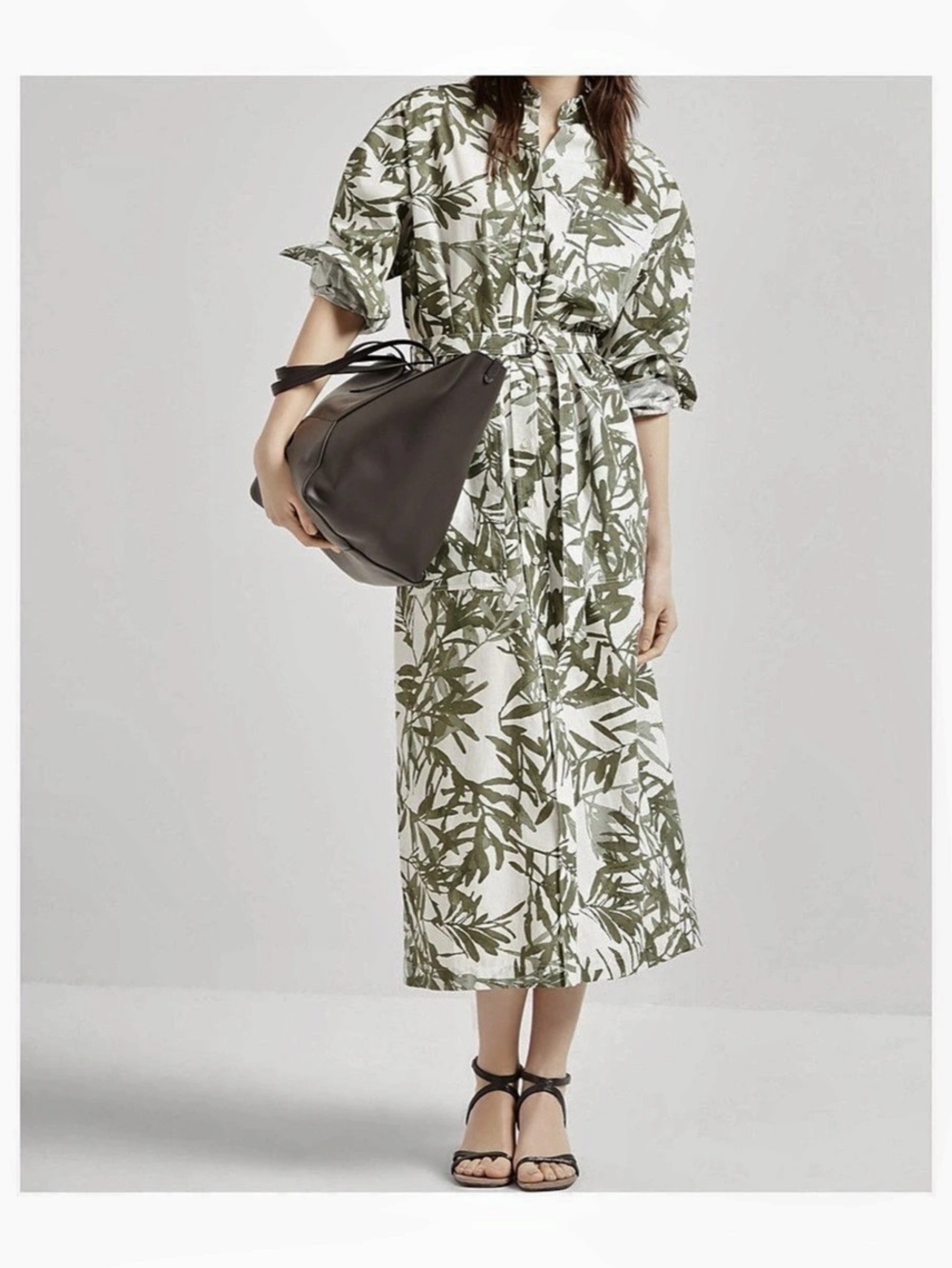 NWT Brunello Cucinelli Floral Midi Cotton Printed long sleeve shirt Dress in Gre